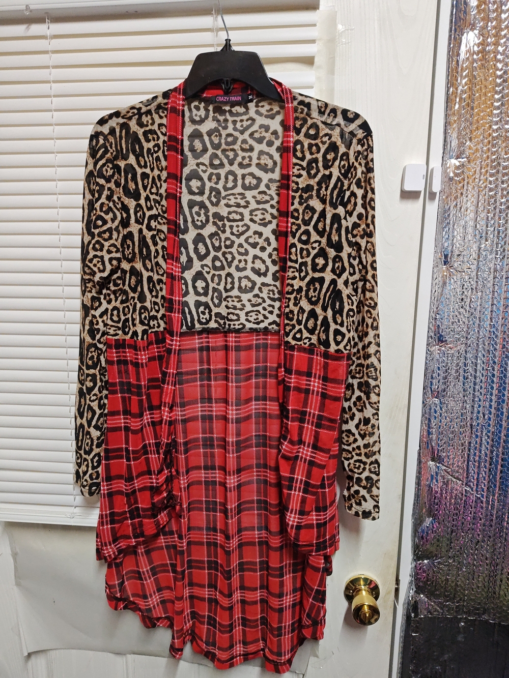 Crazy Train Red Plaid and Leopard Print Mixed-Pattern Cardigan